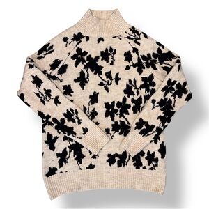 Liz Claiborne Mock Neck Beige Black Floral Sweater